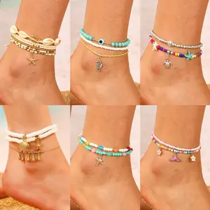 Boho Beach Anklet Set Collection, 6 Styles of Stackable Foot Jewelry with Shell, Starfish, Seahorse and Turtle Charms, Colorful Beaded Layered Sets for Summer & Vacation Styling