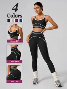 Women's Sporty Fitted Yoga Set, Athletic Fashion Activewear, Sportswear Set, High Waist Tight-Fitting Pants & Sports Bra, Ideal for Outdoor Fitness, Running, Pilates, Tennis, Golf