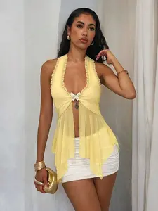 SOLEMN Women's Fashion Vacation Halter Neck Tie Front Frill Trim Asymmetric Hem Chest Metal Butterfly Decor Mesh Tank Top