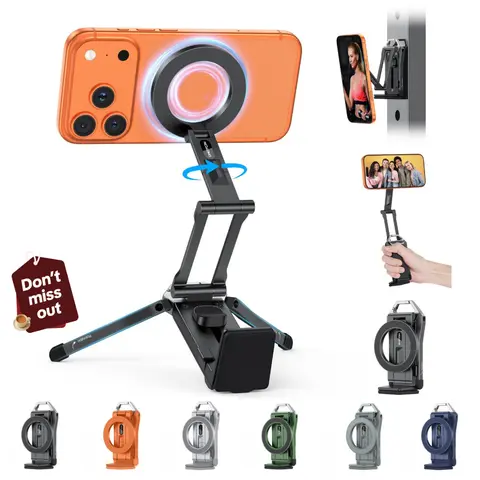 OMOTON Folding Magnetic Snap KeyChain Smartphone Tripod Stand - 360° Rotating Ring Grip, Selfie Phone Holder, Mobile Mount, Carabiner for Travel, Father's Day Gift