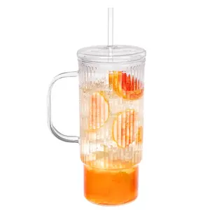32oz Ribbed Glass Cup with Handle glass Lid and Plastic Straw, Glass Tumbler, Iced Coffee Cups Hot/Cold Drinks Reusable Drinkware Portable tiktokshopspringglowup
