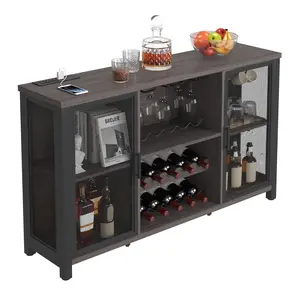55 Inch Industrial Bar Cabinet With Wine Rack And Glassware Storage, Freestanding Farmhouse Wood Sideboard Buffet Table For Liquor Bottles, Stemware, And Accessories, Ideal Home Bar, Living Room Bar Cabinet, Kitchen Buffet