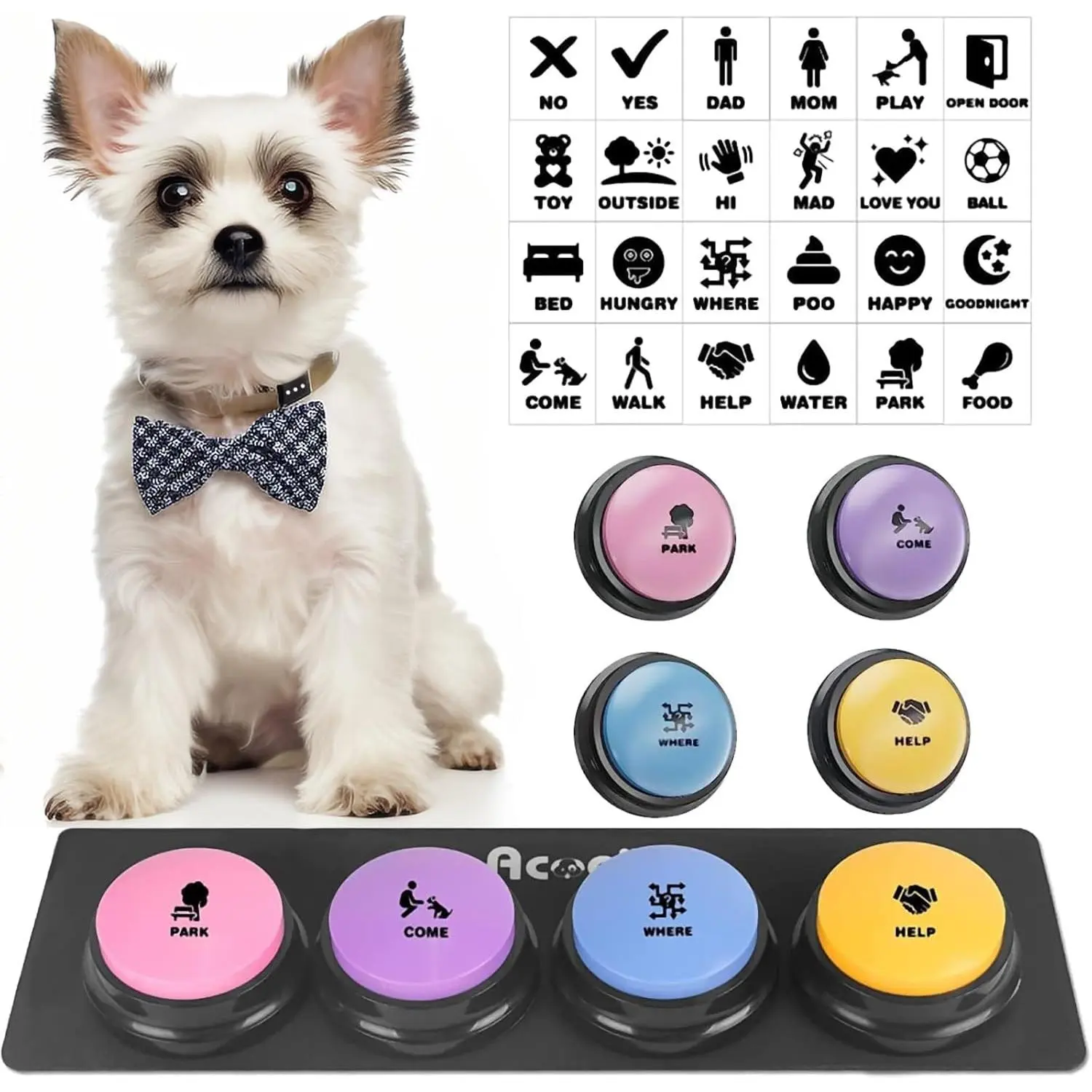 Dog Buttons for Communication, 4 Dog Talking Button Set, Speaking Buttons for Cats and Dogs, 30s Voice Recordable Pet Training Buzzer with Waterproof Dog Activity Mat and 24 Scene Stickers springtok