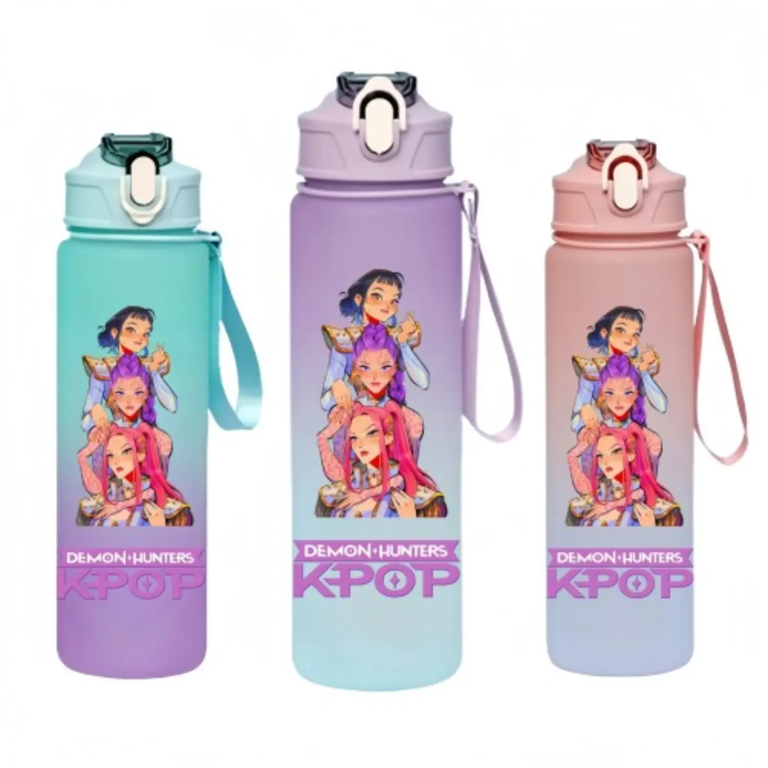 KPop Demon Hunters Inspired Water Bottle for Girls, Cute K-Pop Character Sports Water Bottle with Strap, Pastel Reusable Drink Bottle