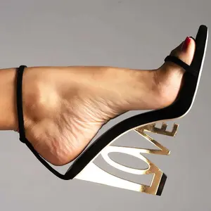 Women Contoure LOVE Letter Metal Heel Sandals – Luxury Strap Heels Argie Noir NONE