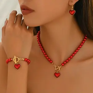 Women's Jewelry Set: Geometric Heart & Woven Pearl Design—Versatile Necklace, Earrings, and Bracelet