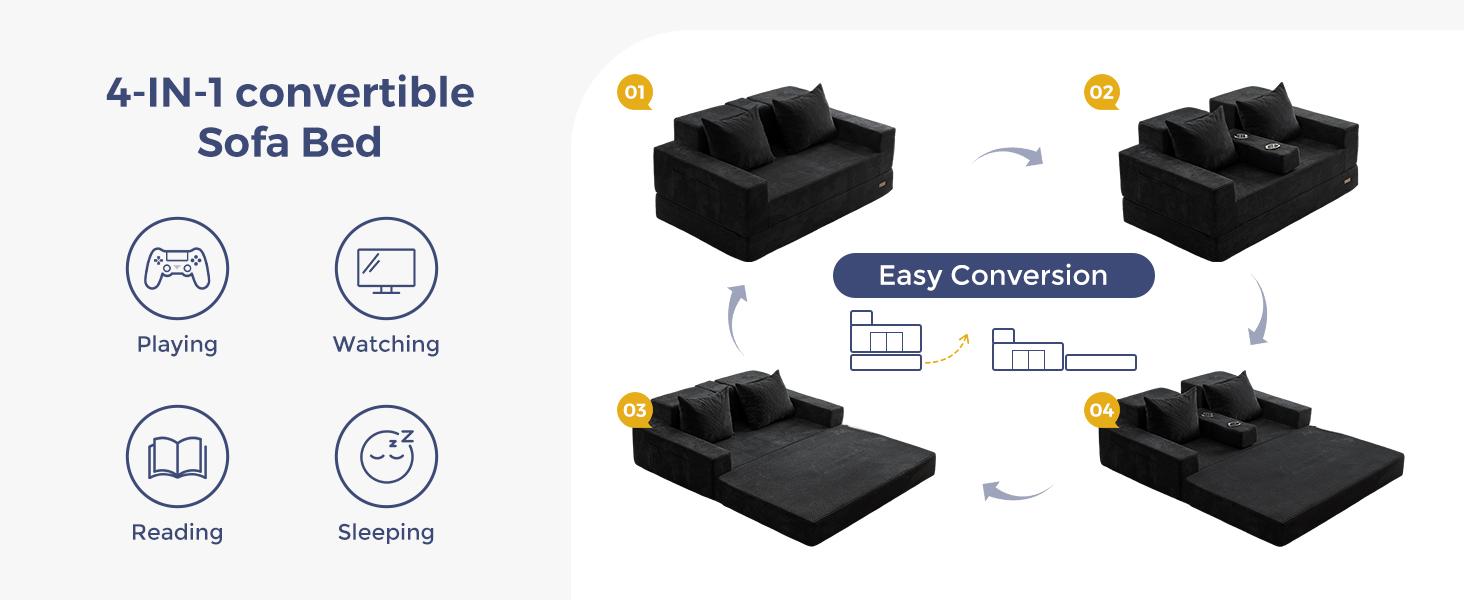 MAXYOYO Loveseat Sofa Bed, 64" Foldable Floor Sofa Couch in A Box with 2 Cup Holders, 4 in 1 Convertible Boneless Couch Folding Recliner Sleeper Chair for Living Room, No Assembly Required