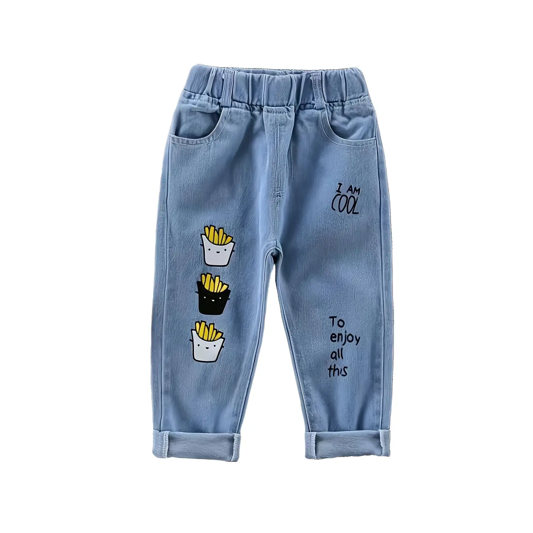 Boy's Cartoon Bear Print Cute Jeans, Elastic Waist Comfy Ripped Denim Pants For Spring Summer