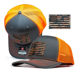 Richardson 112 Snapback Cap - USA Flag Hat with Blaze Orange Camouflage Leatherette Patch - High Visibility Hunting & Outdoor Trucker Cap - One Size Fits Most