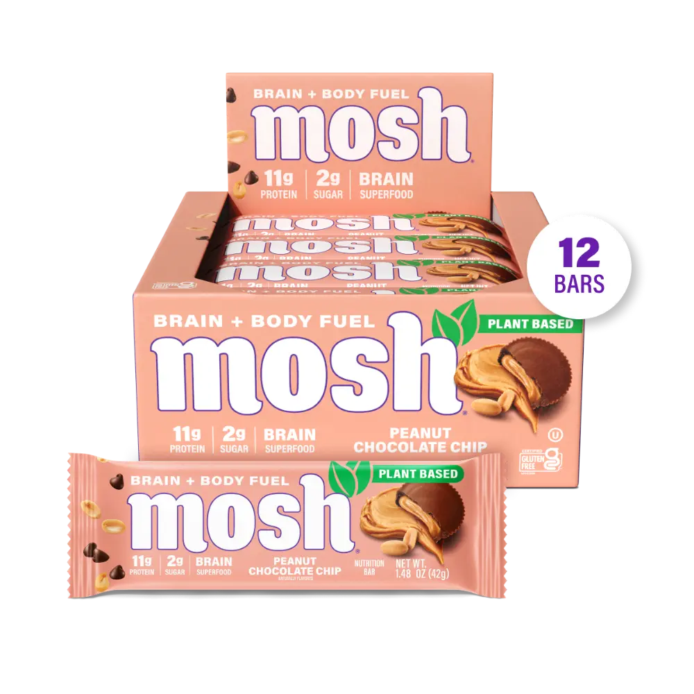 MOSH Plant Based Peanut Chocolate Chip Protein Bars - 12 Bars, Good Source of Protein, Lower Sugar, High Fiber, Keto-Friendly, Gluten Free, 6+ Brain Nutrients including Cognizin, Mission Focused and Gives Back, Snack, Healthy Protein Snack