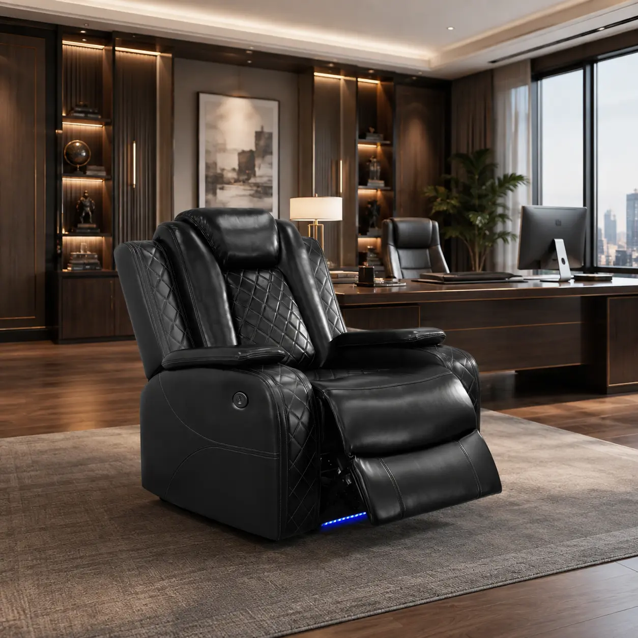 [GNT4632-C] Black Breathing Leather Recliner Sectional Chair for Living Room Indoor Furniture