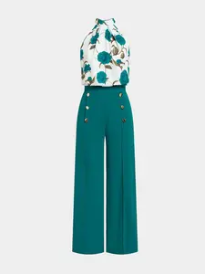 Women's Elegant Two-Piece Set, Floral Print Halter Short Top + High Waist Wide Leg Pants, Stylish Casual for Spring & Fall