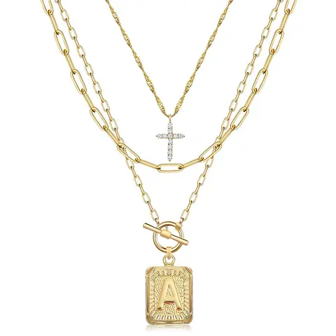 PeregrinaX Women's Layered Letter Christian Charm Gold Chain Necklace, 14 Karat Gold Plated Fashion Accessories for Women, Ideal Christmas Gift