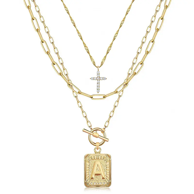 PeregrinaX Women's Layered Letter Christian Charm Gold Chain Necklace, 14 Karat Gold Plated Fashion Accessories for Women, Ideal Christmas Gift