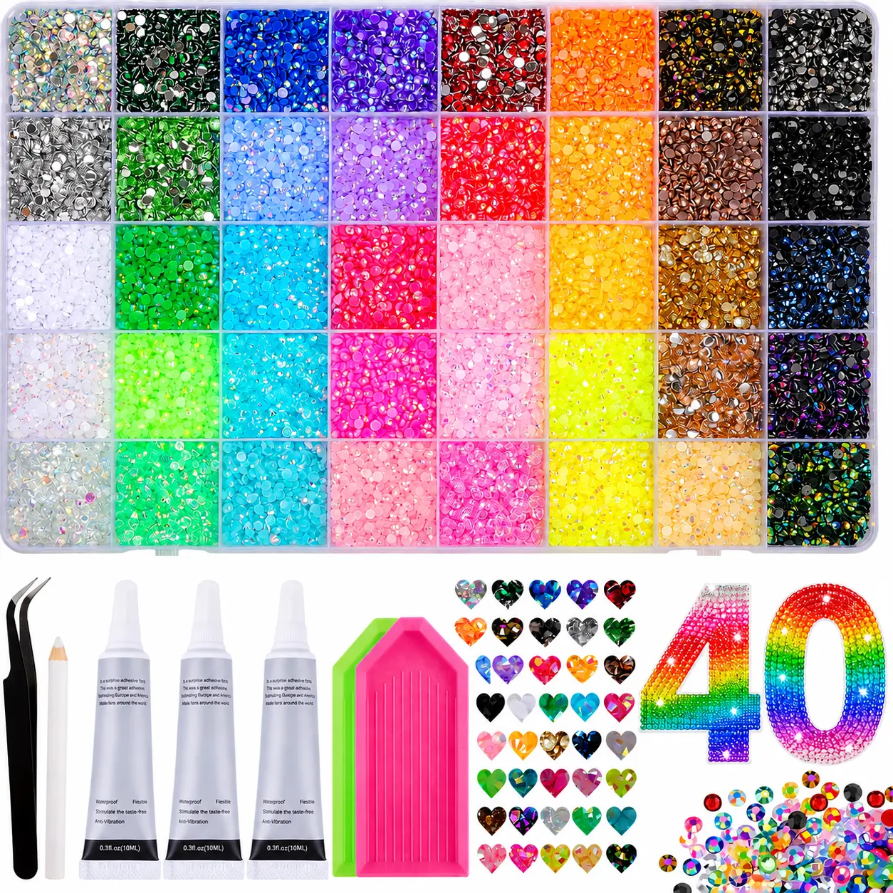 50000 Pcs 3mm Flatback Resin Jelly Rhinestones Bedazzling Kit - 40 Colors, 3 Pcs B7000 Jewelry Tubes & Tools, Halloween Fall Gift for DIY Nail Art, Crafting Projects (Beauty & Personal Care Nail Decoration)