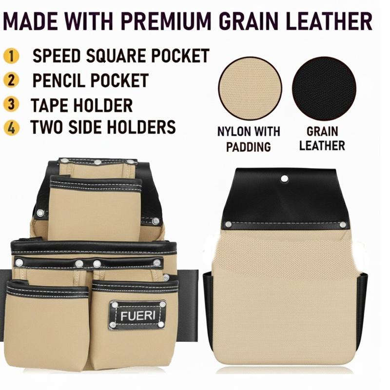 FUERI Holiday Haul Heavy Duty Tool Belt for Men 26 Pockets Beige and Black Nylon Leather Organizer Carpenter Construction Electrician Framing Belt Bag Pouch