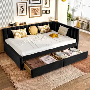 Full Size Daybed with 2 Storage Drawers, Upholstered Full Corner Bed Frame with L Shaped Headboard, Velvet Full Daybed Frame for Living Room Guest Room, Black