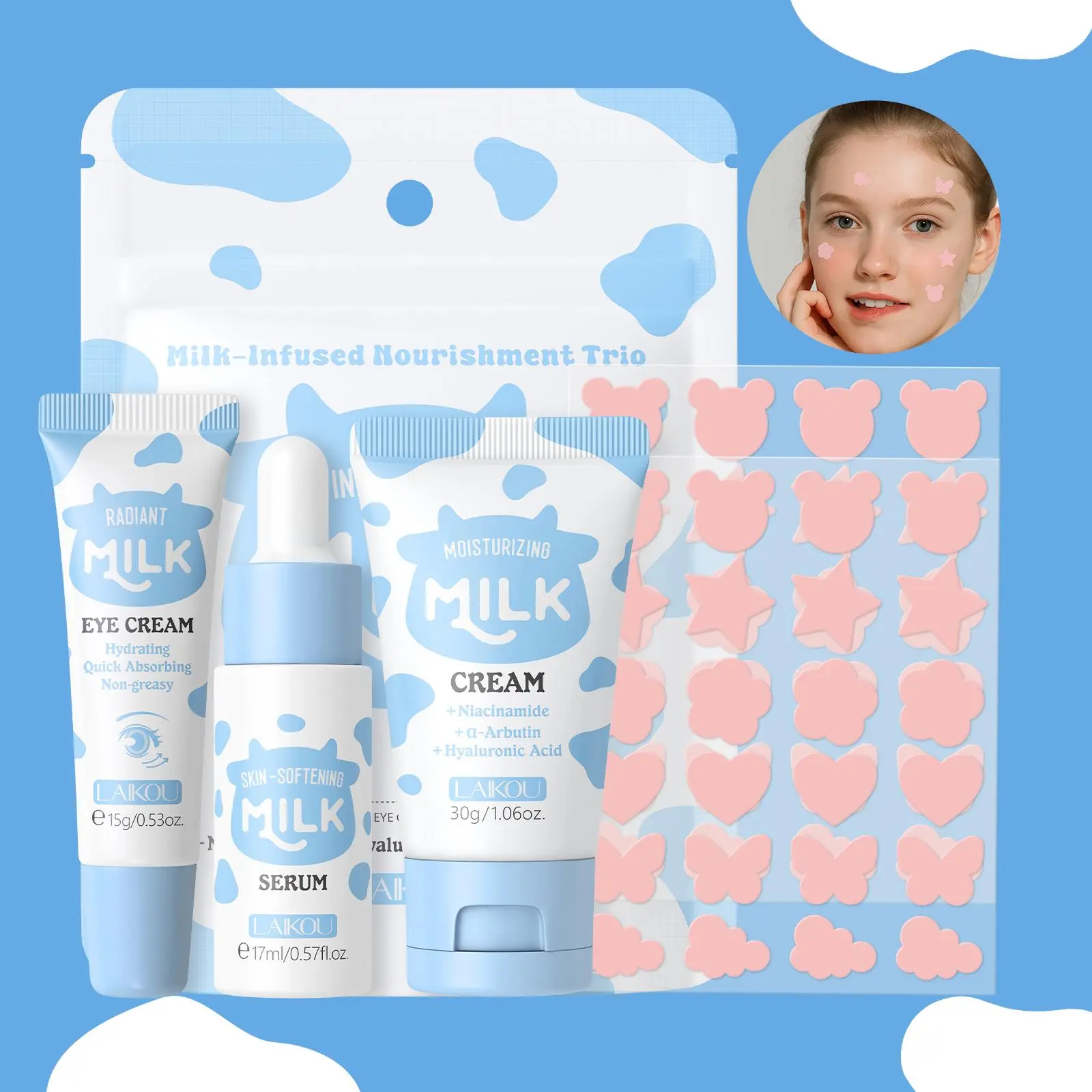 Milk Skincare Kit, Moisturizing Facial Skincare Kit, Hydrating Set, Moisture Glow Bundle, Including Facial Serum, Eye Cream, Moisturizer, Acne Patches, Skin Care Kit for Women, Hyperpigmentation Care Set, Niacinamide, Hydration Barrier Set