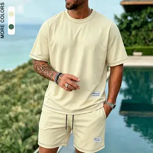 Men’s Casual Sports Set Contrast Color Highlighted Line Short Sleeve T Shirt Drawstring Shorts Two Piece Summer Set