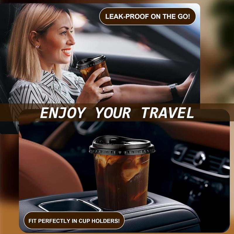 ZAKA MY KITCHEN 50 Pack 16oz Black Plastic Cups with Lids, Disposable Round Bottom Stemless Glasses with Sip Lids, To Go Iced Coffee Drinking Cups for Halloween Party Wedding Catering Events