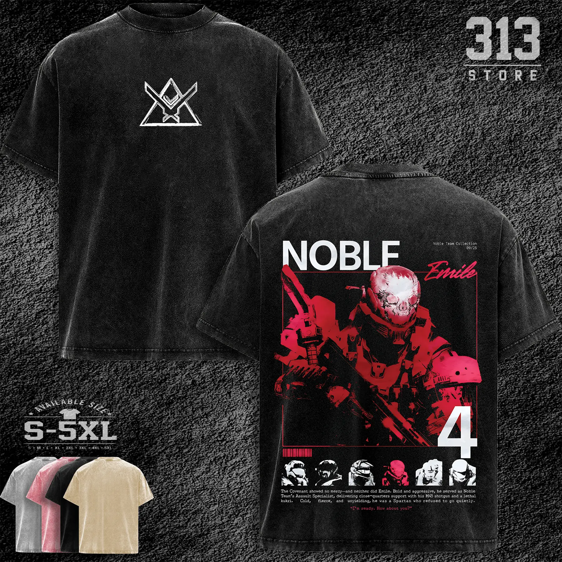 Noble 4 Emile- Noble team Team Halo, Remember Reach Unisex Washed Cotton T-Shirt, RPG graphic tees Top anime manga game merch Casual  men gifts shirts men Menswear Hoodie Print Straight streetwear fit