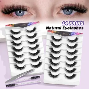 MAGEFY 14 Pairs Fluffy False Eyelashes with Tool,Wispy Cat-Eye Faux Lashes, Natural Curling Eye Makeup Strip Lashes, Eyelash Extension Cosmetic Kit for Summer Makeup