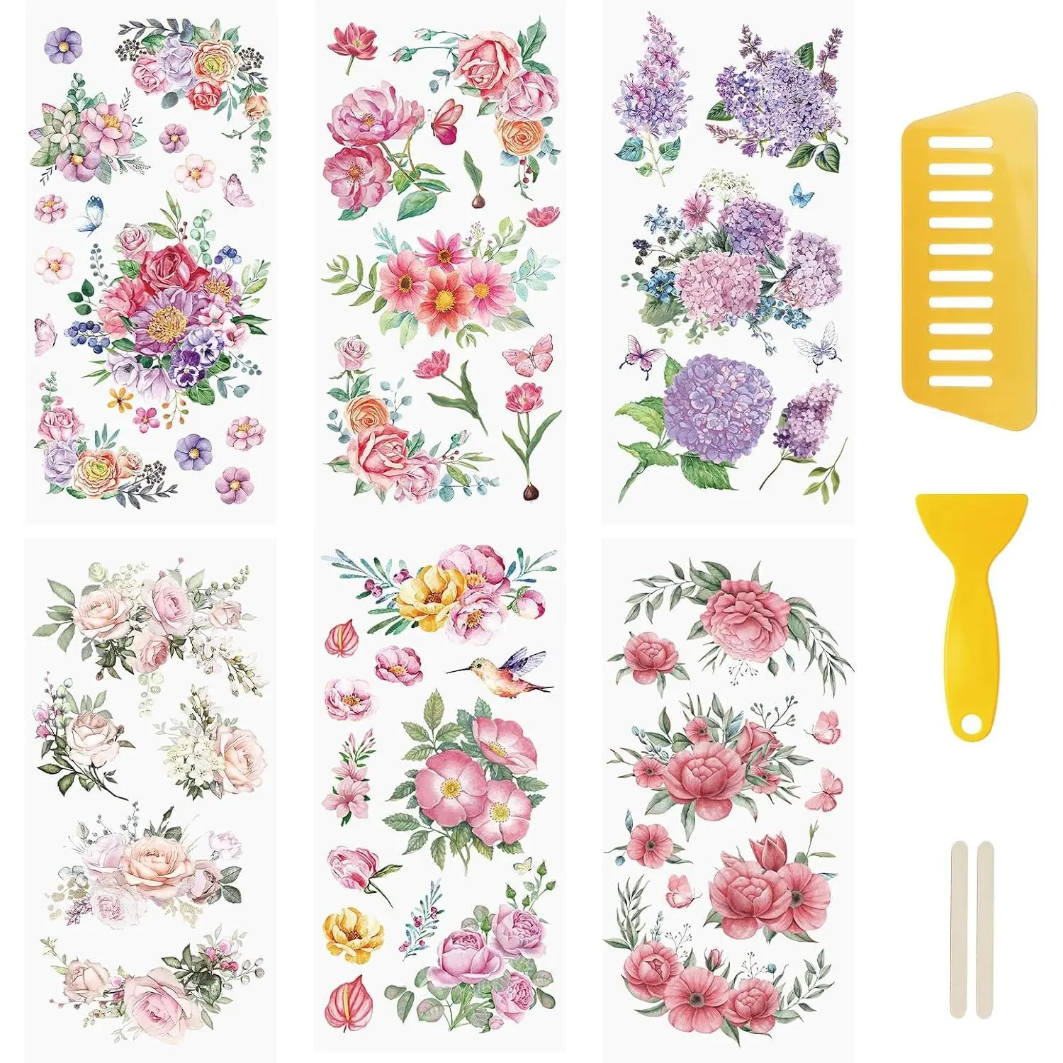 6 Sheets Rub On Transfer Stickers Spring Flower Decals Waterproof Stickers Furniture Craft Decals for DIY Scrapbooking
