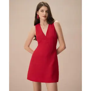 RIHOAS Women's Red V-Neck Sleeveless Linen Casual Mini Dress