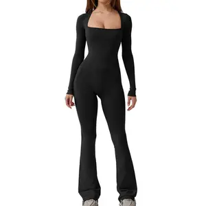 Full Length Flare Wide Leg Jumpsuits Square Neck Long Sleeve Jumpsuits