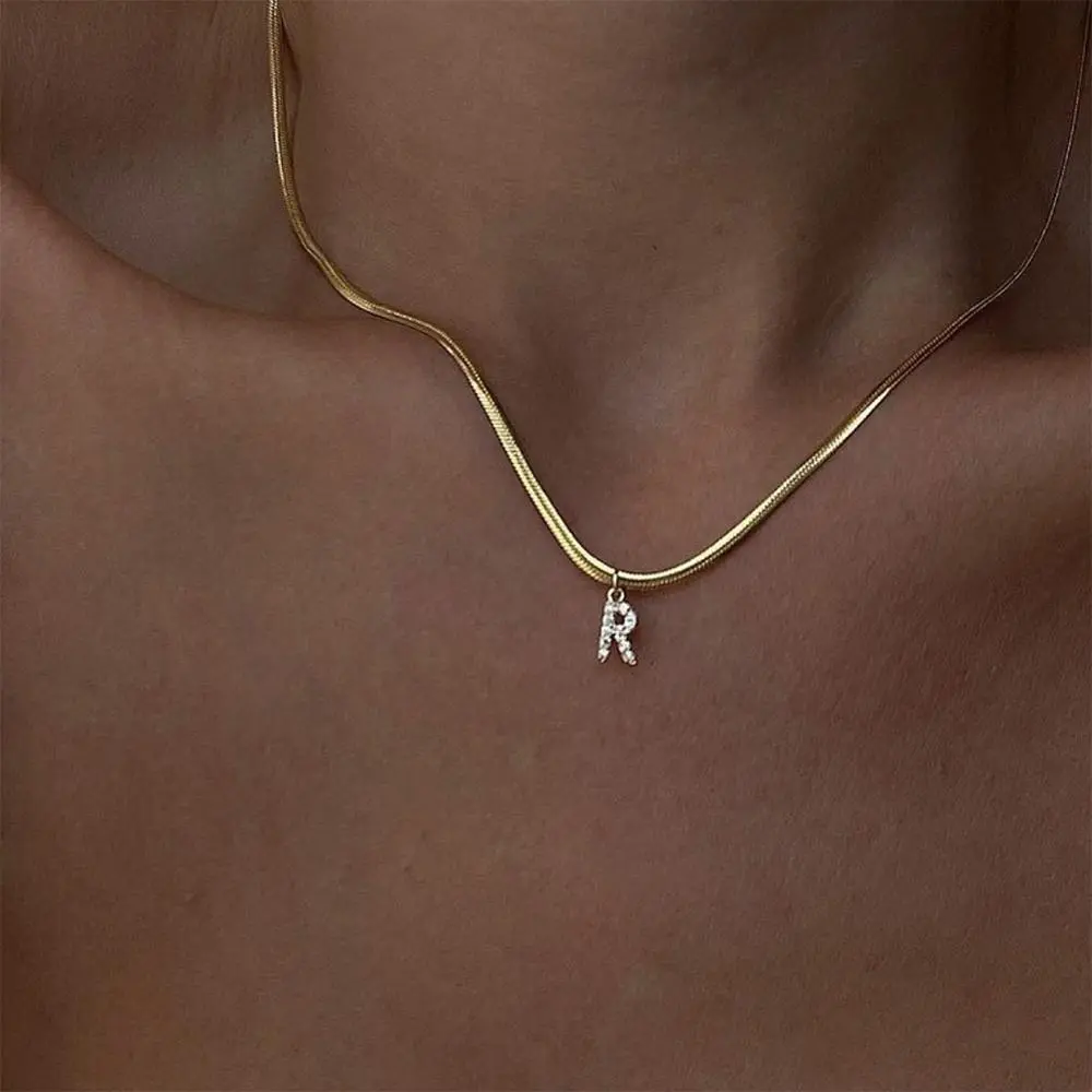 Vnox A-Z Tiny Women Initial Necklace,Small Bling Letter Girl Chain Choker,Gold Color Stainless Steel Layered Collar Pendant