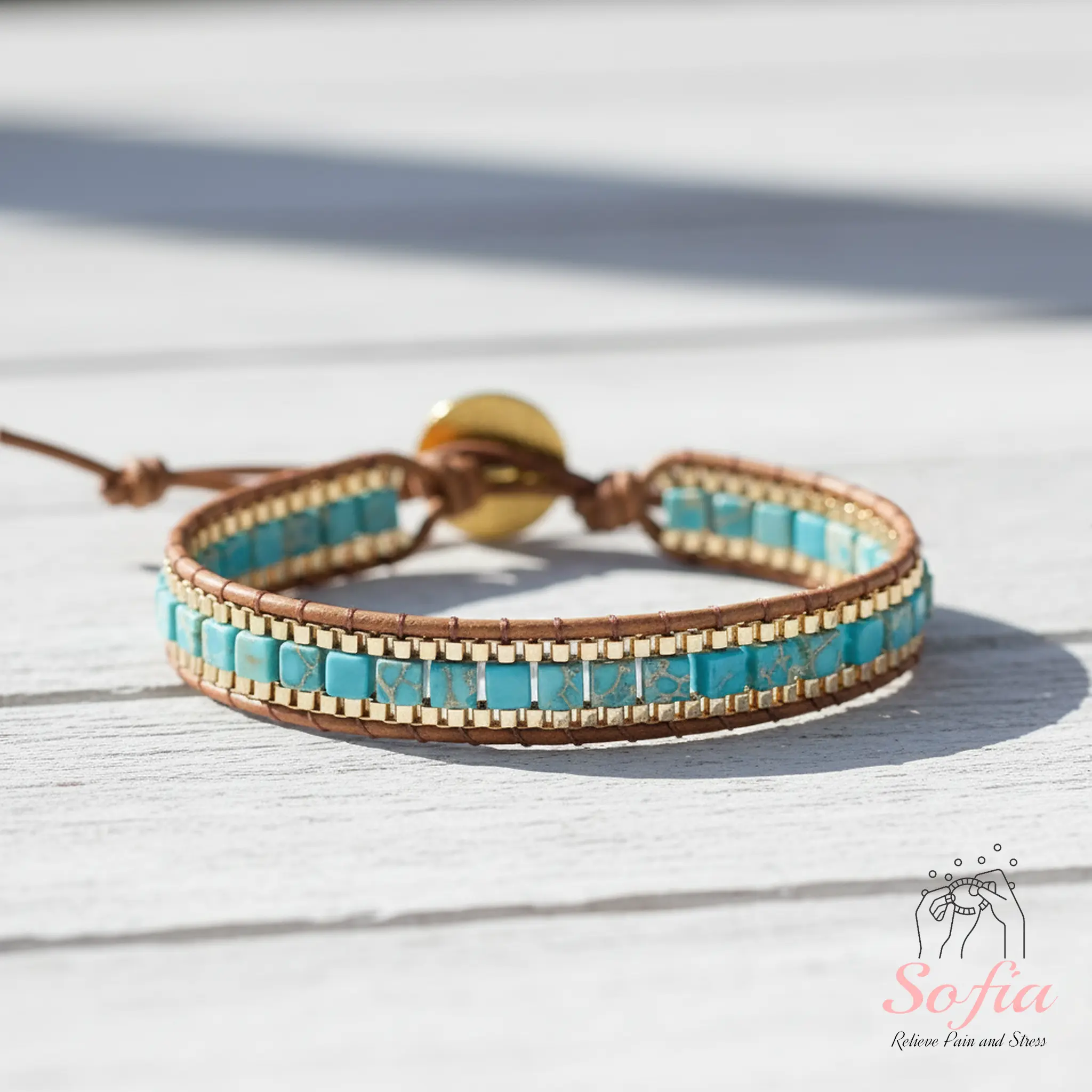 Sofia Natural Turquoise Stone Cube Beaded Bracelet Turquoise Gemstone Braided Boho Style Adjustable for Daily Use Gift for Him and Her Trendy Fashionable Accessories