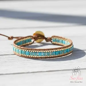 Sofia Natural Turquoise Stone Cube Beaded Bracelet Turquoise Gemstone Braided Boho Style Adjustable for Daily Use Gift for Him and Her Trendy Fashionable Accessories