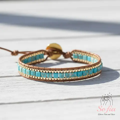 Sofia Handcrafted Natural Turquoise Cube Beaded Bracelet - Boho Braided Adjustable Natural Crystal Jewelry, Unique Daily Wear Accessory for Men and Women to Elevate Your Style with Boho Elegance, Boho Braids