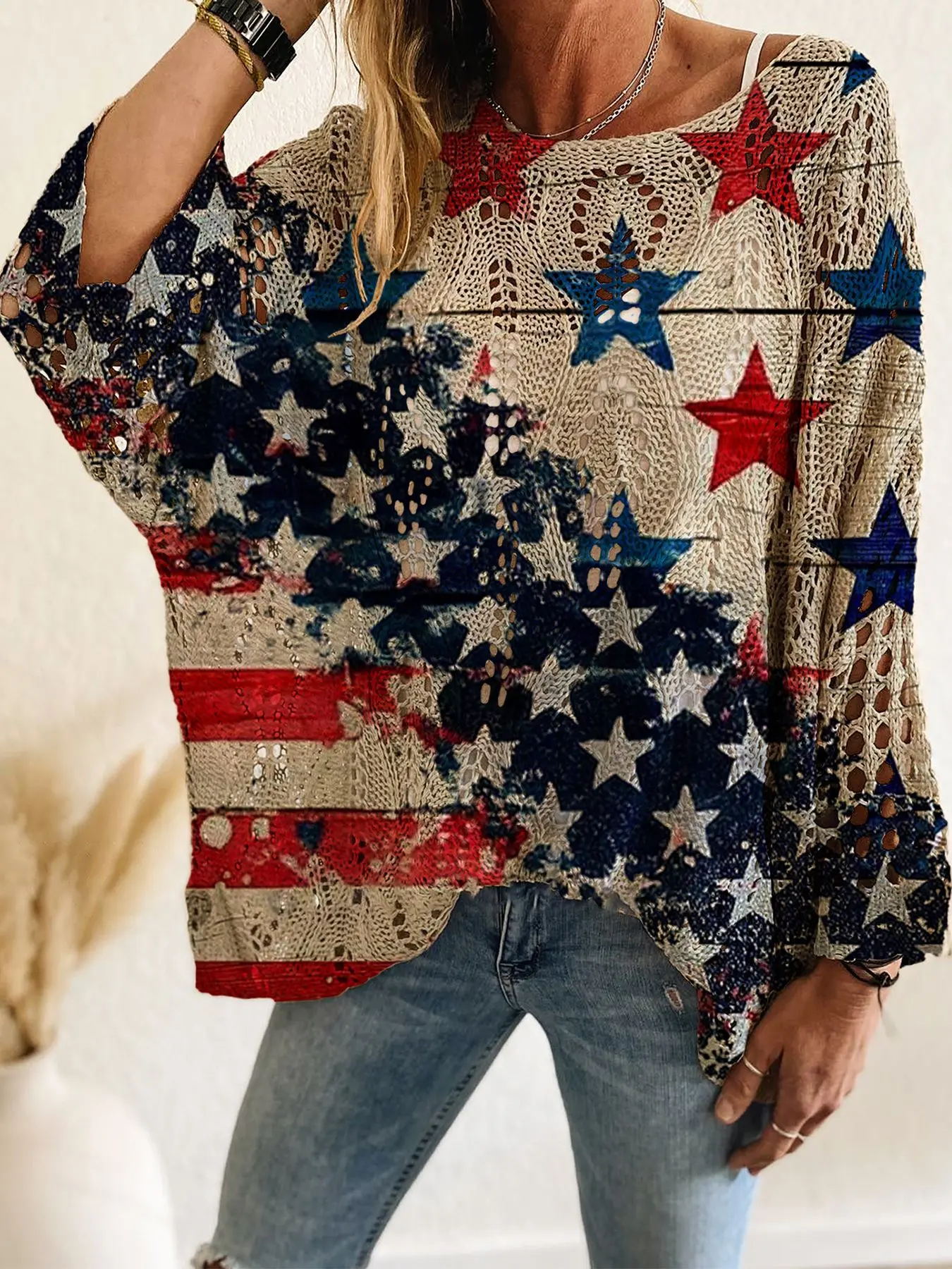 Spring & Summer Off-Shoulder Diamond Cutout Batwing Drop-Shoulder Loose Oversized Knit Top. Contrast American Flag Element Print , Long Sleeve, Bohemian & Vacation Style, Casual Elegant Commute. Cover-up for Vests and Bikinis. Womenswear Knitwear