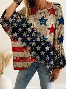 Spring & Summer Off-Shoulder Diamond Cutout Batwing Drop-Shoulder Loose Knit Top. Contrast American Flag Element Print , Long Sleeve, Bohemian & Vacation Style, Casual Elegant Commute. Cover-up for Vests and Bikinis. Womenswear