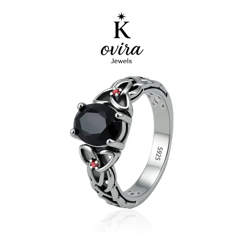 Kovira S925 Sterling Silver Vintage Black Obsidian Red Zircon Celtic Ring for Women, Dark Feminine Protection Gift, Statement Ring, Independent Self Care