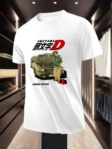 Trendy Cartoon Anime Initial D Character And Car Printed Short Sleeve T Shirt For Daily Casual Fashion Wear And Daily Outfits