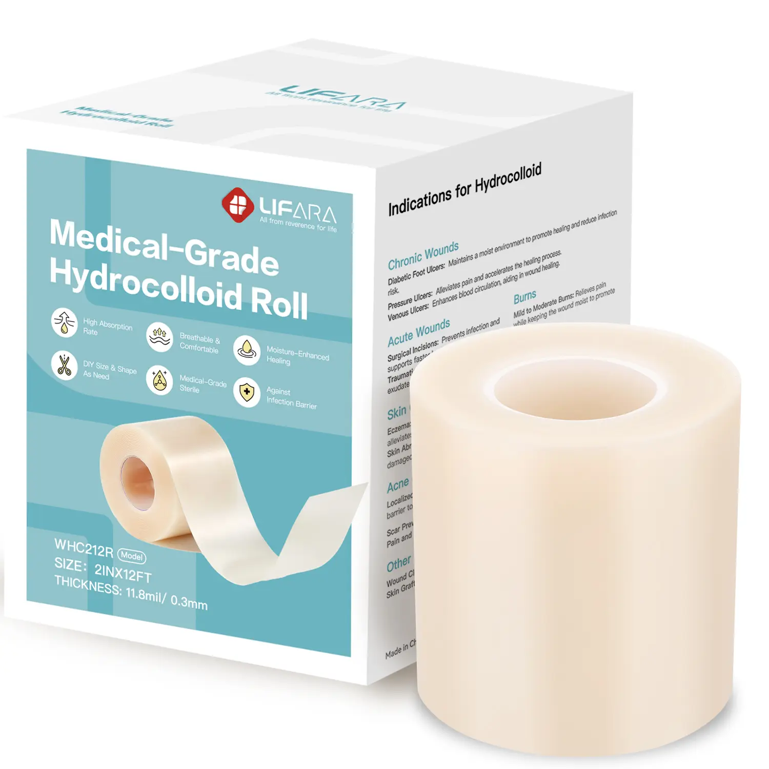 LIFARA Hydrocolloid Wound Care Roll - Adhesion Plasters & Dressing Supplies, Allergy-Free, Athletic, Field Kit Essentials, Cut-to-Size Extra Large Self-Adhesive, Flexible, Super Absorbent, Waterproof (2in*12ft, 11.8mil/0.3mm Thickness)