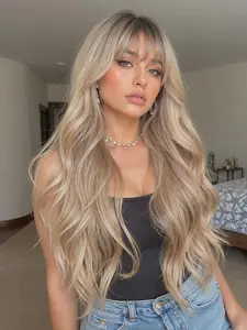 24 Inch Natural Look Long Curly Wig for Women, Elegant Synthetic Hairpiece with Bangs, Comfortable Fit, All-Seasons Wear, Snug Fit Wig, Blonde Wig, Synthetic Hair Wigs