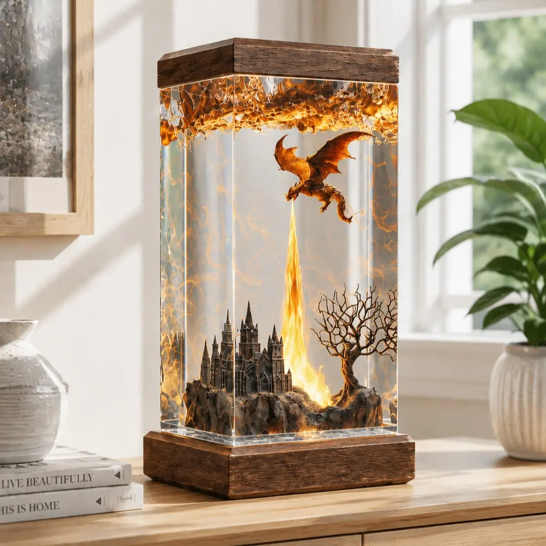 [Limited edition] [FD1] Fantasy Dragon Resin Lamp, Dragon Fire Castle Night Light, Handmade Epoxy Resin Lamp, Medieval Fantasy Decor, Gothic Bookshelf Light, Dragon Lover Gift, Magical Home Decor