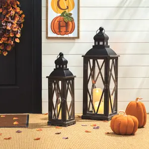 Glitzhome Set of 2 Farmhouse Wooden Lanterns With Diamond Window Frame