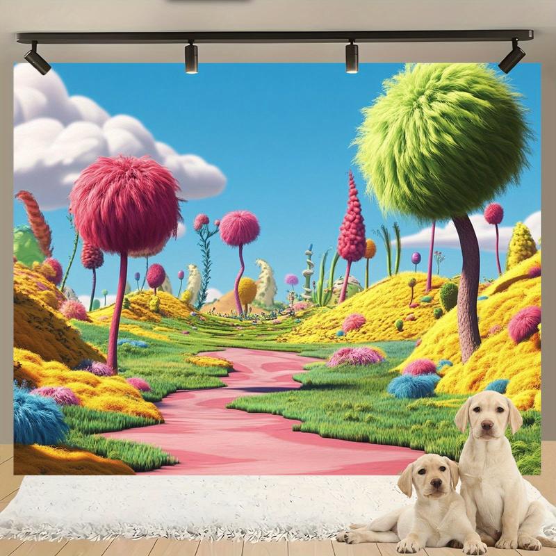Vibrant Party Banner, Fun Dr Seuss Landscape Design, Trees, Winding Path, Soft Flowers, Indoor Outdoor Decor