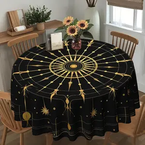 2D Flat, Vintage Black Gold, Astral Compass Round Table Cloth, Family Kitchen Living Room Dining Table Cloth, Party Tablecloth, Kitchen Accessories, Picnic Table Cover, Room & Outdoor Tablecloths