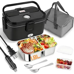 Electric Lunch Box 80W for Adults, 1.8L Lunch Warmer with 2 Compartments for //Work,  Portable Heated Lunch Box  Warmer Heater 12/24/110V, Removable Stainless Steel Container