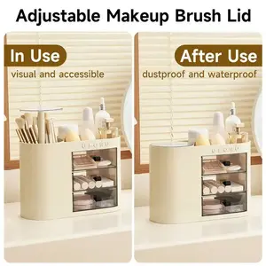Makeup Storage Box with Drawers, Four-Compartment Brush Holder, Touch Open, Spacious Cosmetic Organizer, Makeup Tool Organizer, Suitable for Vanity and Bathroom Countertop