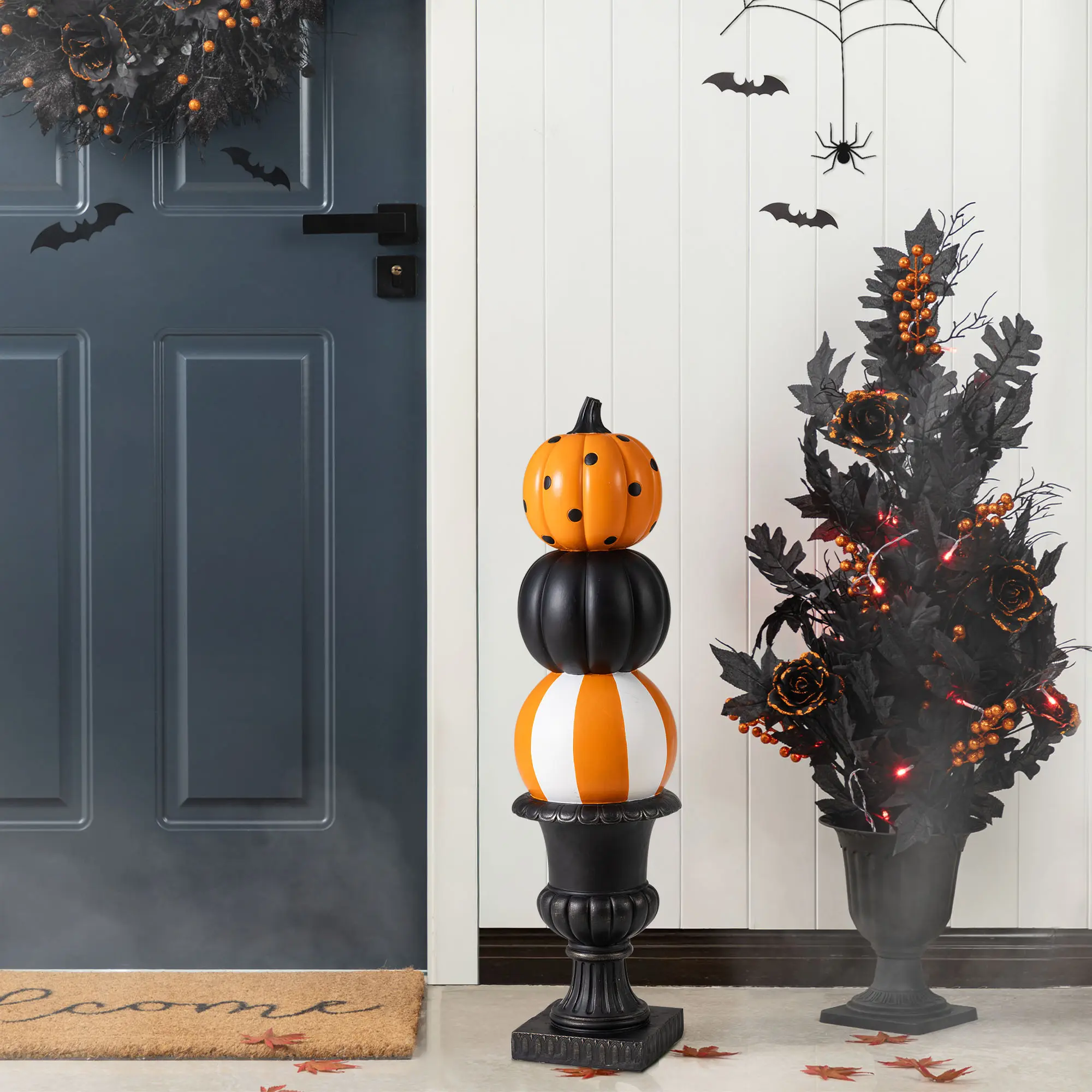 Glitzhome 27"H Modern Irregular Halloween Decorations, MGO Stacked Artificial Pumpkin with Black Urn, Porch Decor & Artificial Pumpkin Centrepieces, Pumpkin Decorations
