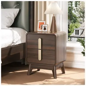 2-Pc Mid Century Nightstands, Dark Walnut Bedside Tables w/Drawers & Metal Handles, Solid Wood Feet