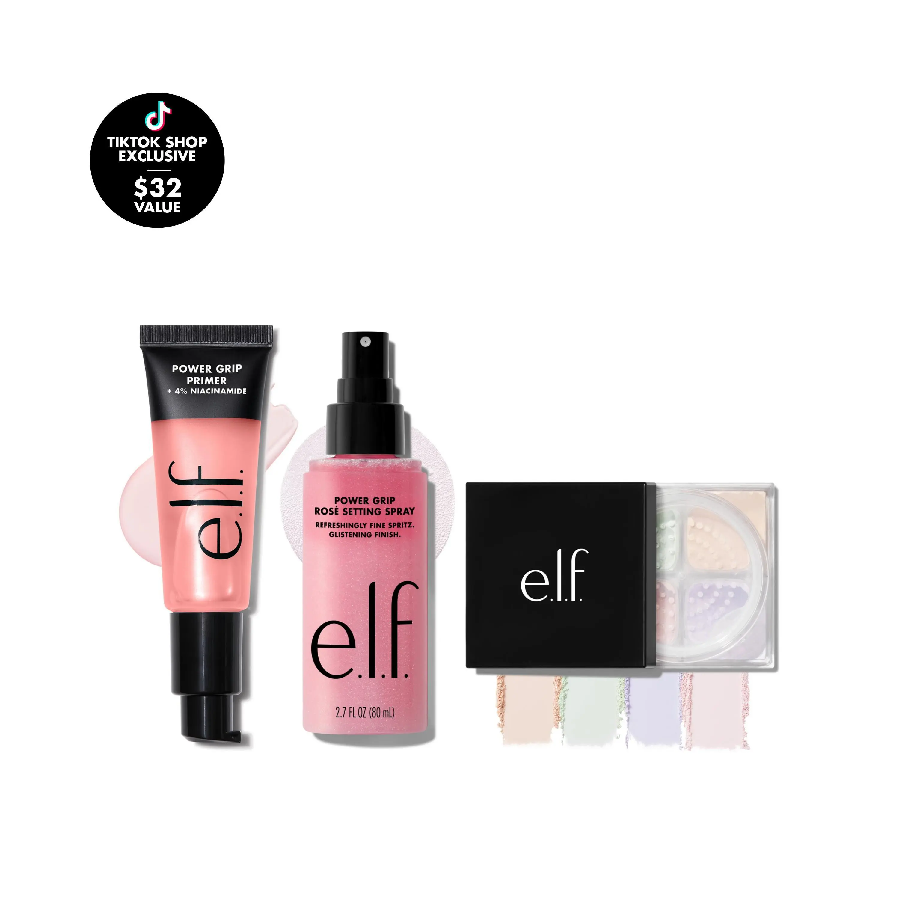 e.l.f. Prep, Set, Glow Trio - Grip Primer + Rosé Setting Spray + Brightening Powder Quad for Long-Lasting Radiance