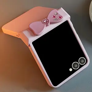 Cute Y2K Pink Star Rhinestone Bow Solid Color Case For Samsung Galaxy Z Flip 6 5 Z Flip4 3 5G Z Flip7 Hinge Protective Shell ﻿