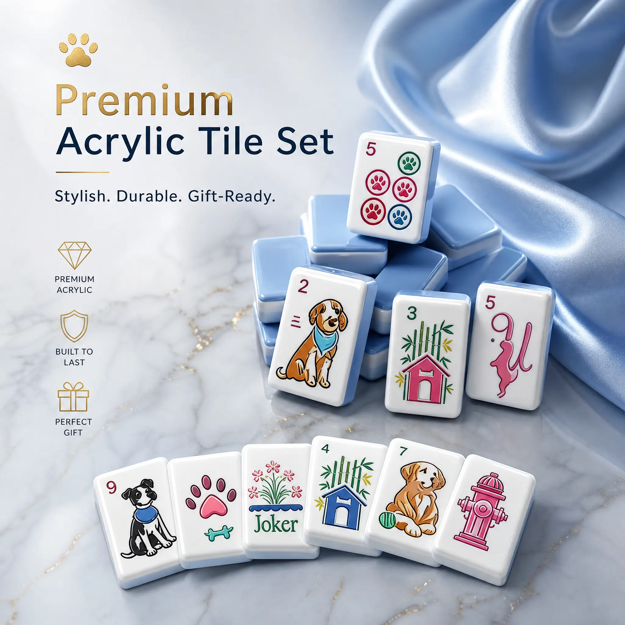 Designer Custom 166-Tile Authentic American Style Mahjong Set - Blue-White, Vibrant Hand-Drawn Puppy Artwork with Paw Prints, Fade-Resistant Printing, Durable Polished Finish Tiles, Luxury Complete Indoor Game Set for Pet Collectors, Ideal Birthday Gift,,